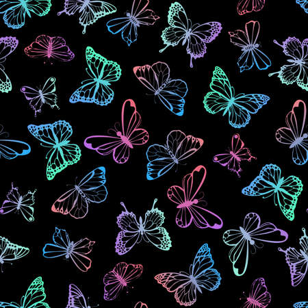 Bright butterflies seamless pattern on black backgroundのイラスト素材
