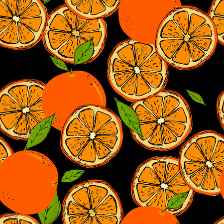 Colorful seamless pattern of hand drawn oranges and green leaves on black background. Perfect for textile manufacturing wallpaper posters and webのイラスト素材