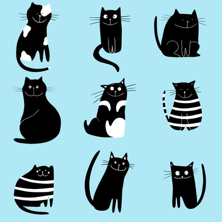 Black and white set cartoon cats, hand drawn. Stylized characters.のイラスト素材