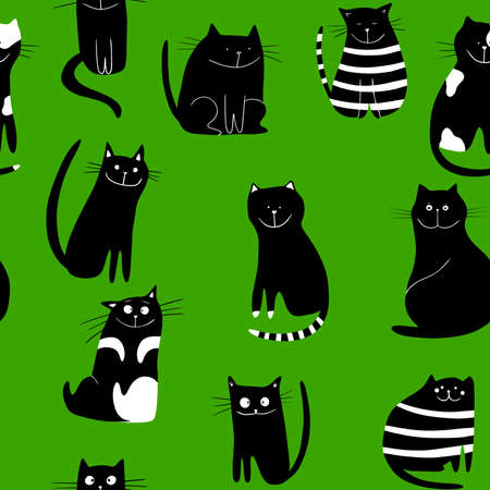 Seamless black and white cartoon cats, hand drawn. Funny seamless patternのイラスト素材