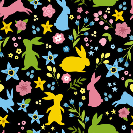 Easter seamless pattern. Colorful rabbits, flowers and leaves on a black background.のイラスト素材