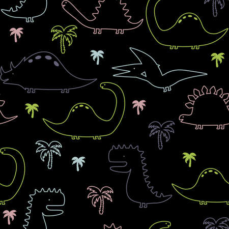 Vector children's illustration, print, card with cute dinosaurs and palms tree. Seamless pattern.のイラスト素材