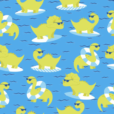 Seamless pattern with dinosaur swim. Cartoon hand drawn illustration with board and circle for swimming.のイラスト素材
