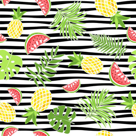 Seamless pattern with tropical leaves, watermelon and pineapple.のイラスト素材