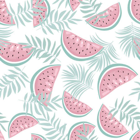 Sweet watermelon with tropical leaves. Summer seamless pattern. Bright print for fabric.のイラスト素材