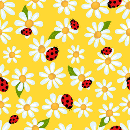 Seamless spring pattern with simple chamomile and ladybug. Print for fabric and wrapping paper.のイラスト素材