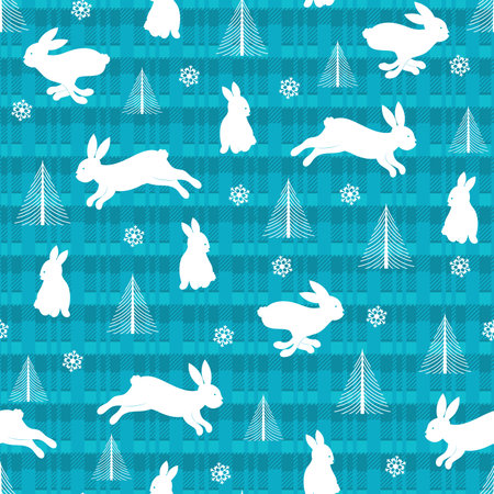 Christmas pattern 2023. White rabbits, snowflakes and tree.のイラスト素材