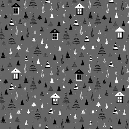 Funny seamless vector pattern with houses, stars and Christmas tree. Can be used for fabric, phone case and wrapping paper.のイラスト素材