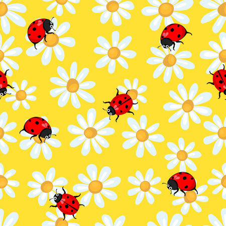 Seamless spring pattern with simple chamomile with ladybugs on yellow background. Print for fabric and wrapping paper.のイラスト素材