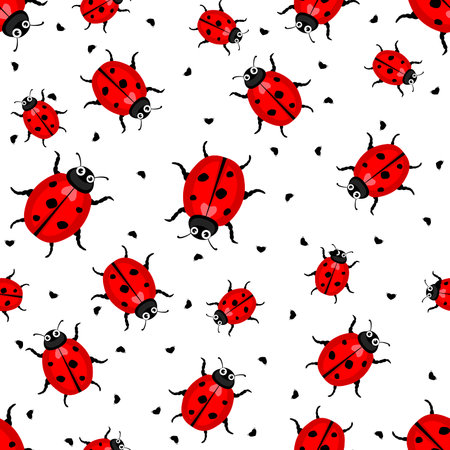 Ladybugs with heart, spring seamless vector patternのイラスト素材