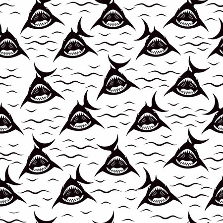 Toothy fish shark on a white background, seamless pattern for textile print cover fabric, decoration packaging design. marine pattern childrens flat illustrationのイラスト素材