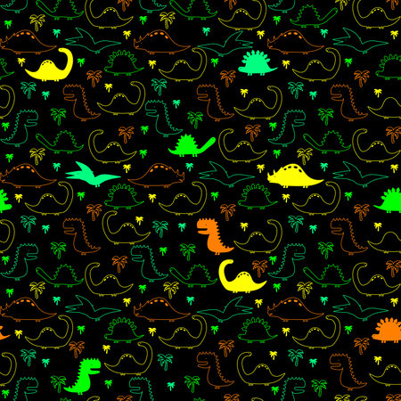 Seamless pattern with dinosaurs. Vector children's illustration, print, card with cute dinosaurs and palms tree.のイラスト素材