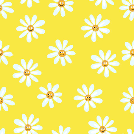 Seamless spring pattern with simple chamomile with smile on yellow background. Print for fabric and wrapping paper.のイラスト素材
