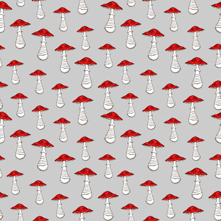 Amanita red mushroom seamless pattern.Vector hand drawing doodle cartoon illustration design. Fly agaric mushroom seamless pattern.のイラスト素材