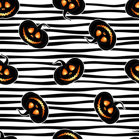 Monochrome seamless pattern of haloween pumpkins. Pumpkins with burning eyes on a striped background.のイラスト素材