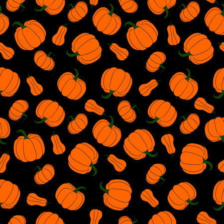 Seamless orange cute rustic pumpkin seamless pattern. Colorful orange, red and yellow design. Halloween, Autumn and Fall season aesthetic.のイラスト素材