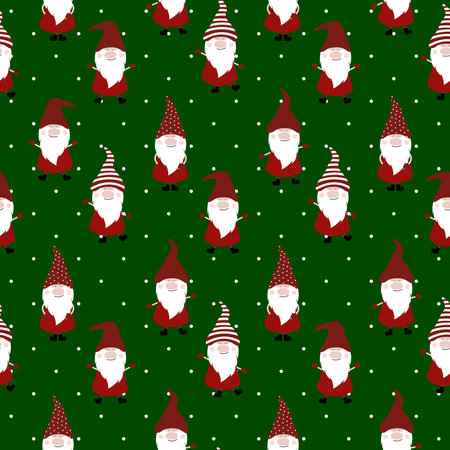 Seamless pattern with cute gnomes and snow. Nordic Christmas, Scandinavian Christmas. For wrapping paper, scrapbooking, wall paper, fabric, textile.のイラスト素材