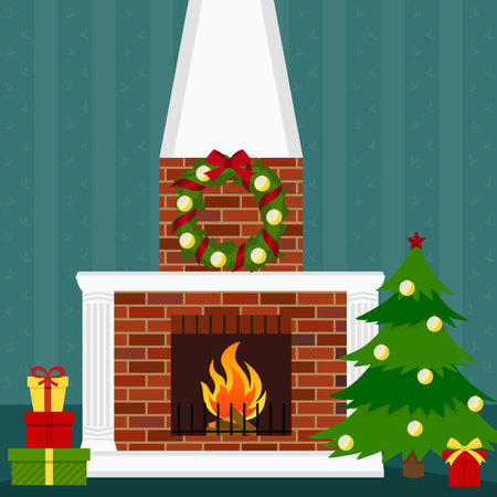 Vector illustration of a Christmas living room with fireplace, gifts, garland and fir-tree.のイラスト素材
