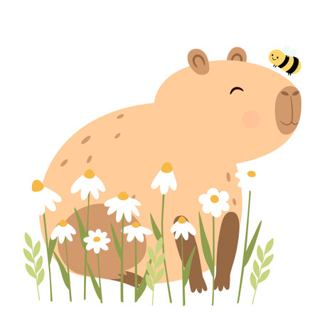 Funny smile capybara with flowers and a beeのイラスト素材