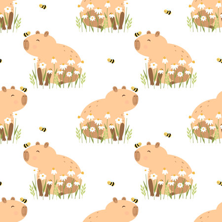 Funny smile capybara with flowers and a beeのイラスト素材