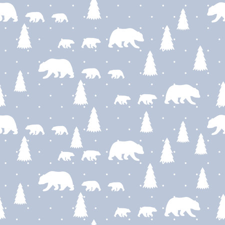 Seamless pattern with bear and christmas tree. Bear, fir-tree and snowflakes.のイラスト素材