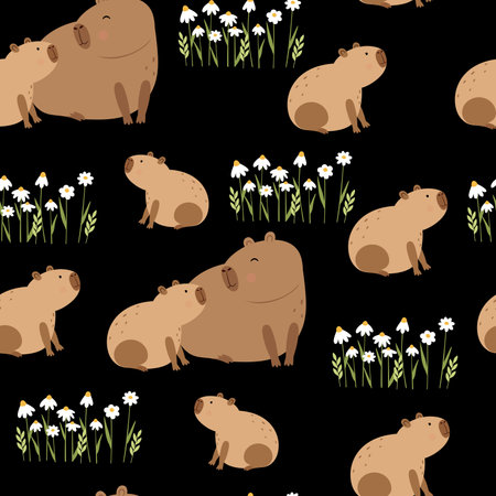 Capybara with her cub and white flowers and leaves. cute seamless patternのイラスト素材