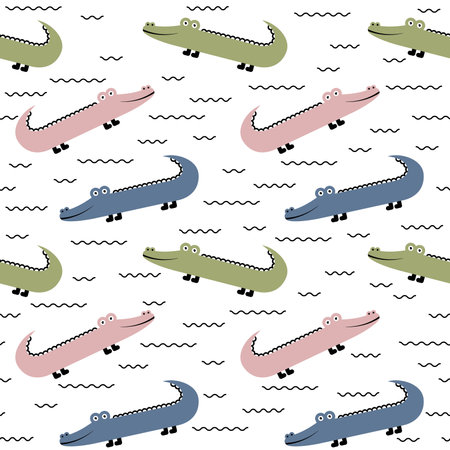Adorable seamless paintings with funny crocodiles. Perfect for greeting cards, invitations, parties, banners, kindergarten, baby shower, preschool and nursery decoration.のイラスト素材