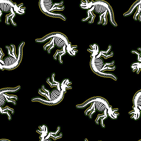 Dinosaur skeleton. vector seamless pattern. Print for T-shirts, textiles, web. Black background.のイラスト素材