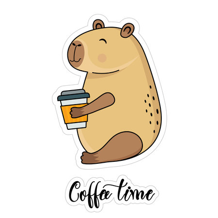 Capybara is holding a cup of coffee. isolated on a white background. Vector sticker illustration.のイラスト素材