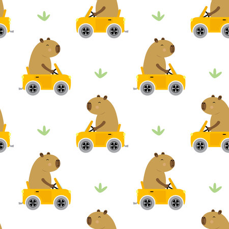 Capybara in a car seamless pattern, funny cute driverのイラスト素材