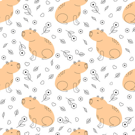 Cute capybara cartoon seamless pattern, vector illustration. Funny capybara with flowers, leaves and heartsのイラスト素材