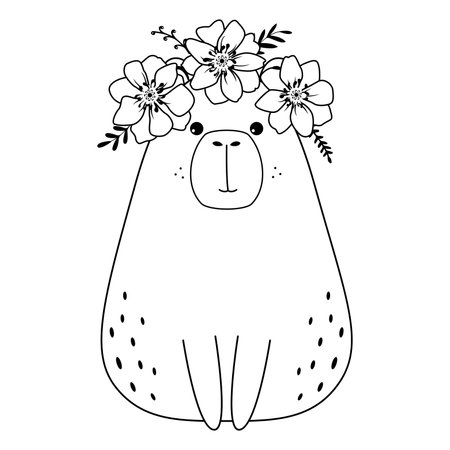 Cute capybara with flowers wreath. simple character design. Coloring page for children.のイラスト素材