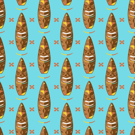Seamless cartoon surfboards with totem. Bright prints for summer clothes.のイラスト素材