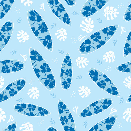 Seamless surfboards with tropical flowers and leaves. Bright prints for summer clothes.のイラスト素材