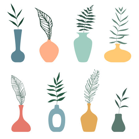 Different vases with leaves for the interiorのイラスト素材