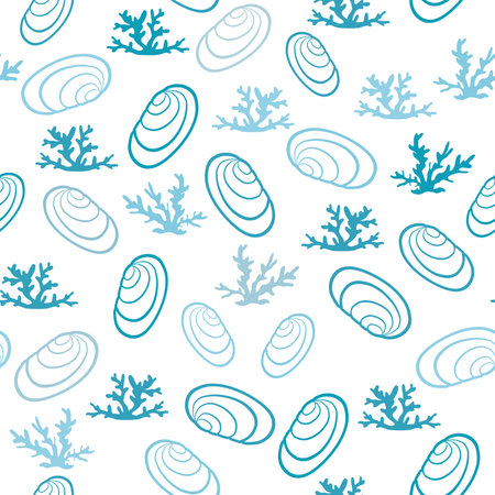 Seamless pattern with seashells, corals. marine background. Vector illustration in doodle style.のイラスト素材