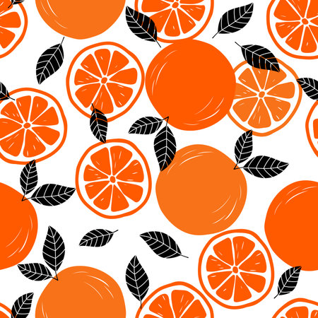 Orange seamless pattern. Ripe orange and orange slice on white background. Can be used for wallpaper, fabric, wrapping paper or decoration.のイラスト素材