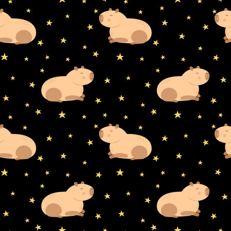 Funny smile capybara seamless pattern with yellow starsのイラスト素材