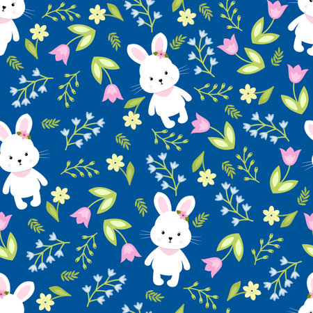 Cute white rabbit seamless pattern with tulips, branch, chamomile and leaves. Ideal for wallpaper, gift paper, web page background, spring greeting cardsのイラスト素材