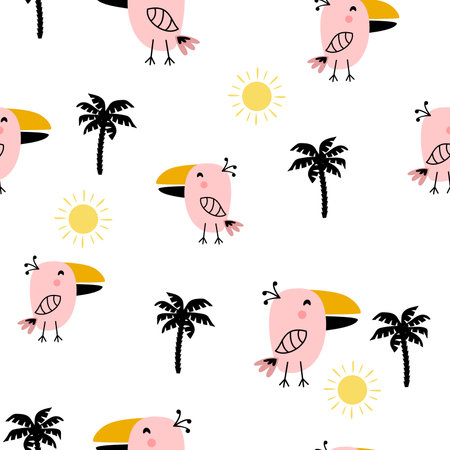Seamless funny bird with palm treesのイラスト素材