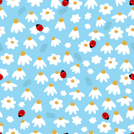 Seamless pattern with delicate white camomile flowers and ladybugsのイラスト素材