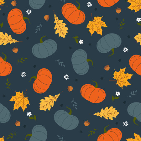 Seamless pattern with pumpkins, leaves, acorns and flowers. vector illustration.のイラスト素材
