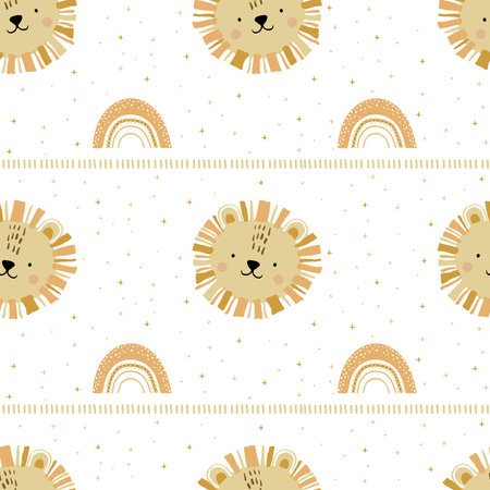 Cute lion head with rainbow and stars. seamless patternのイラスト素材