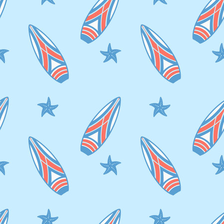 Seamless vector drawing with bright surfboards and seashells on a blue background.のイラスト素材