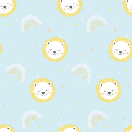 Cute lion head seamless pattern for funny kids room decoration, wallpaper, wrapping paper, fabrics, bedding, fashion, best sellingのイラスト素材