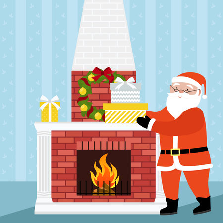 Santa Claus with gifts next to the fireplaceのイラスト素材