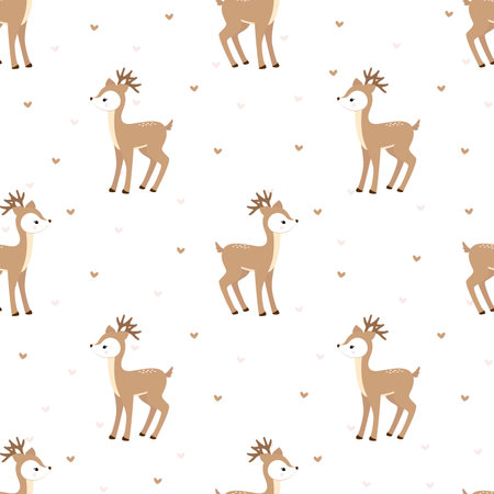 Seamless vector pattern with cute fawn and heart. Perfect for textile, wallpaper or print design.のイラスト素材