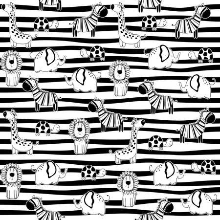 African animals, elephant, lion, giraffe, turtle on striped background. Seamless patternのイラスト素材