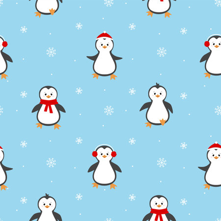 Christmas seamless pattern with penguins and snowflakes. Cute penguin cartoon illustration.のイラスト素材