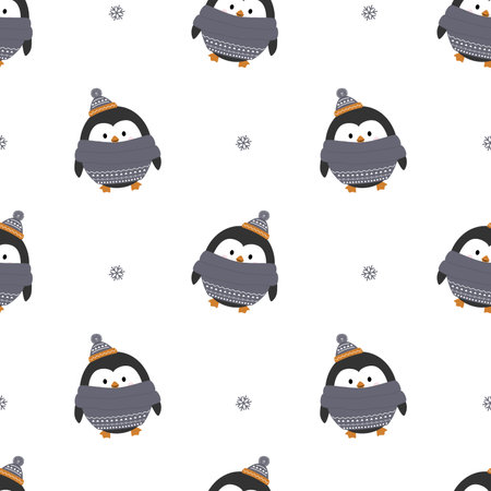 Christmas seamless pattern with funny penguins. Print for wrapping paper, pattern fills, winter greetings, web page backgroundのイラスト素材